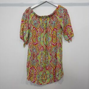 Nicole Miller Studio Multi-Color Paisley Off Shoulder Tunic Top Pink Yellow 8